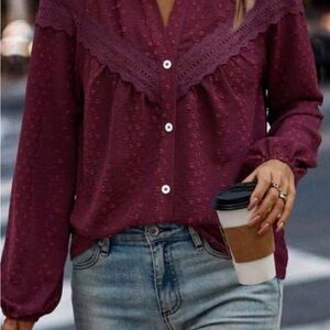 SHEIN Burgundy Button-Up Blouse with Lace Detail